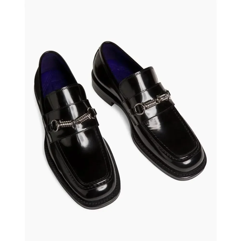 $990 Burberry Leather Barbed Penny Loafers Men's 39/6 Black Moc Toe Slip On